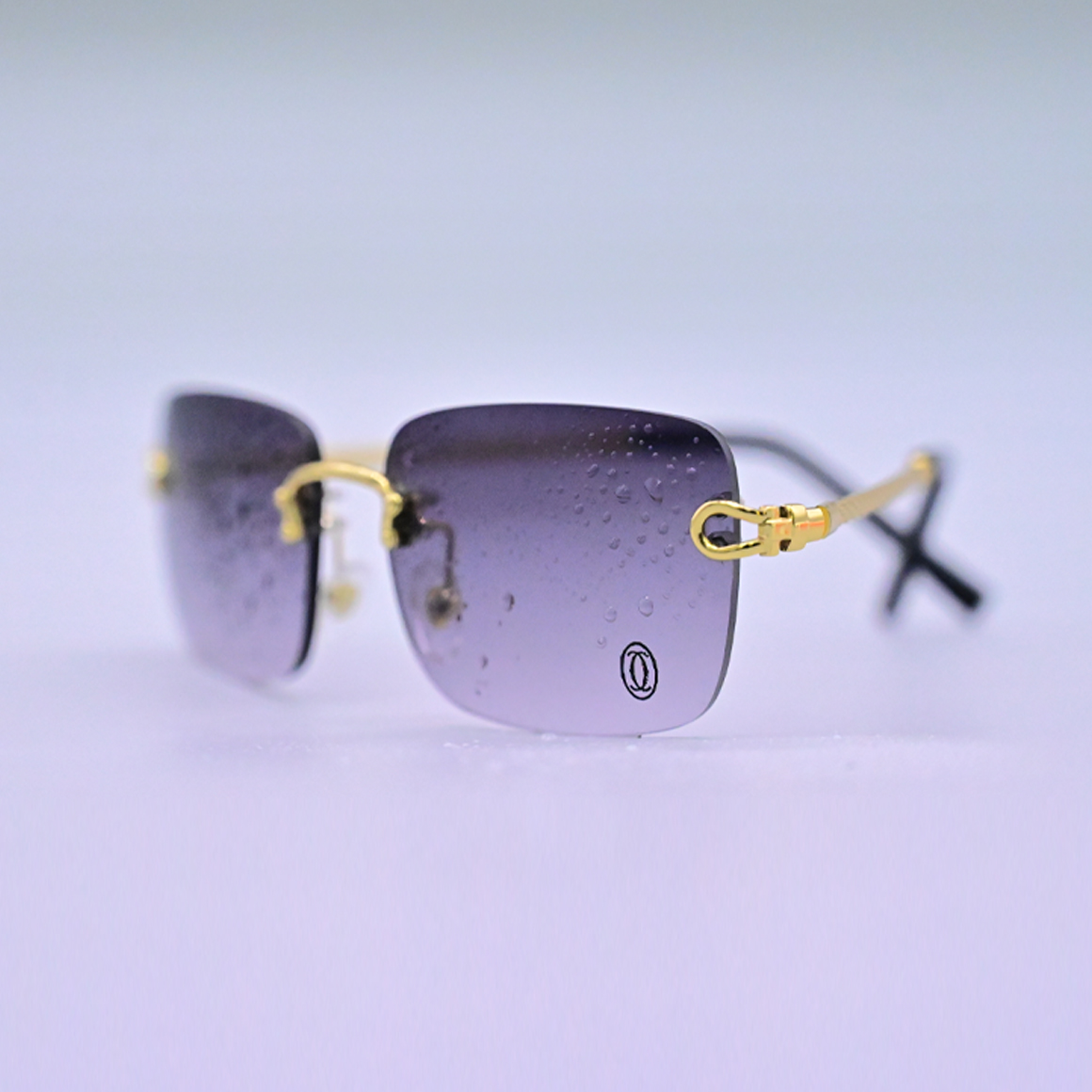 نظارة شمسية كارتير موديل 3006 وعدسات متدرجة من الرمادي إلى الشفاف مع جسر وأذرع مذهبة بزخارف هندسية وشعار كارتير.